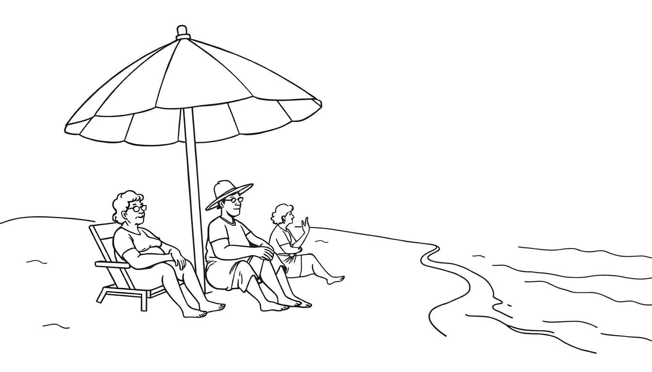 Een kleurplaat van drie oude mensen die genieten op het strand onder een parasol.