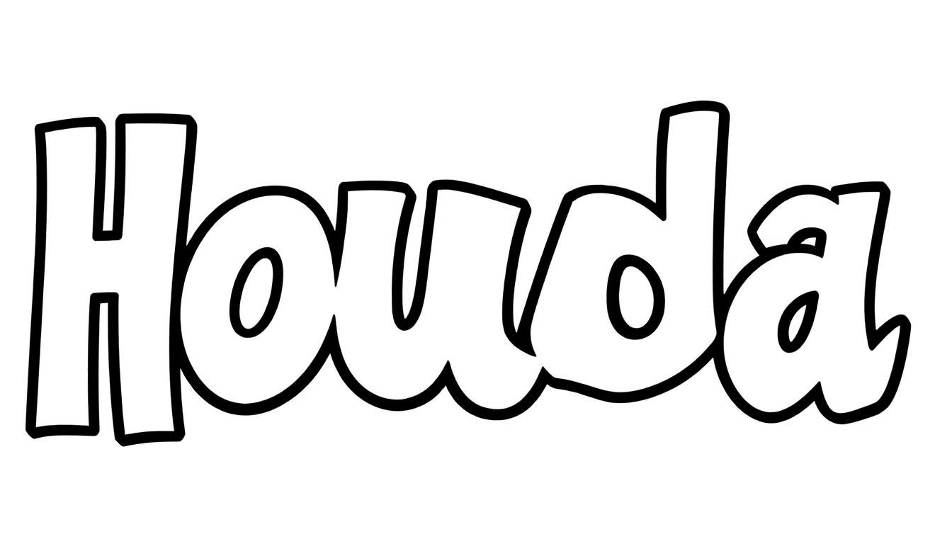 Kleurplaat van de naam 'Houda' in een dikke, zwarte graffiti-stijl met een vrolijke, kleurrijke achtergrond.