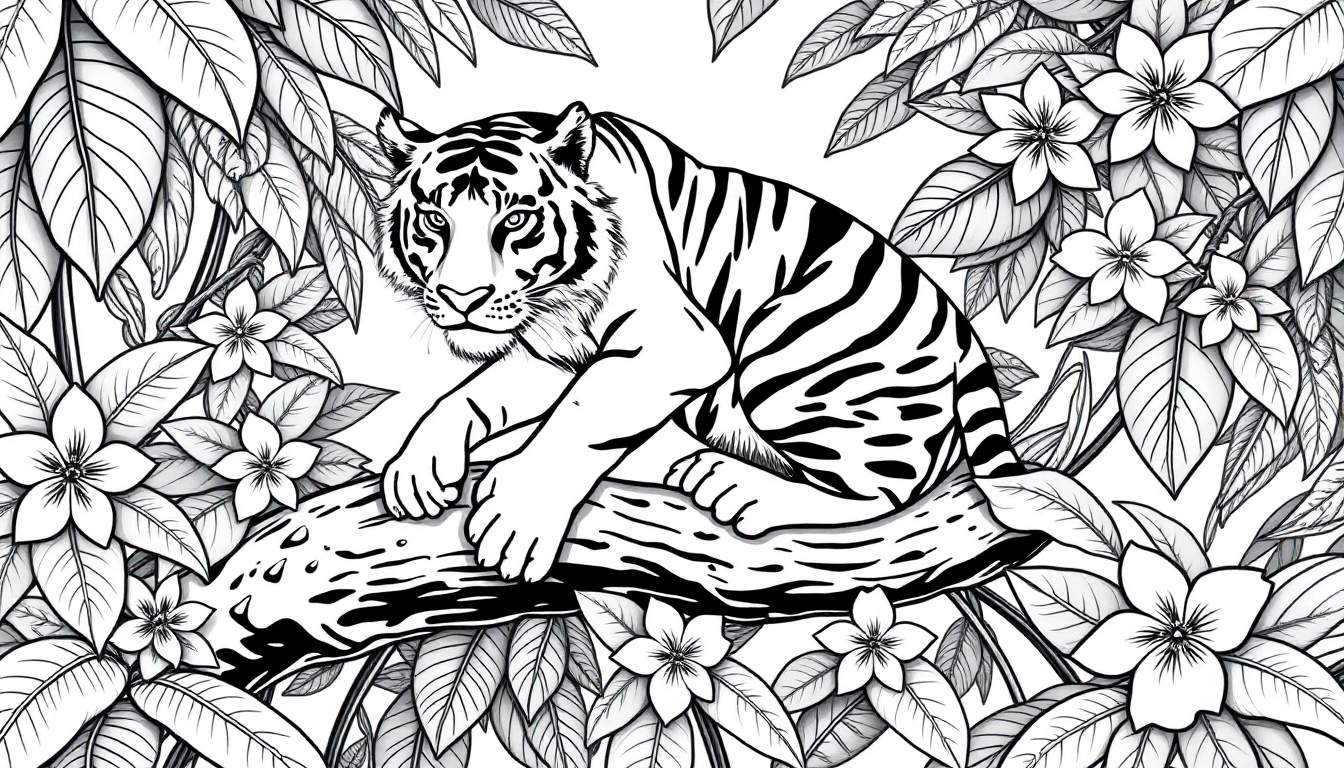 Kleurplaat van een tijger die ontspannen op een boomstam ligt in het oerwoud.