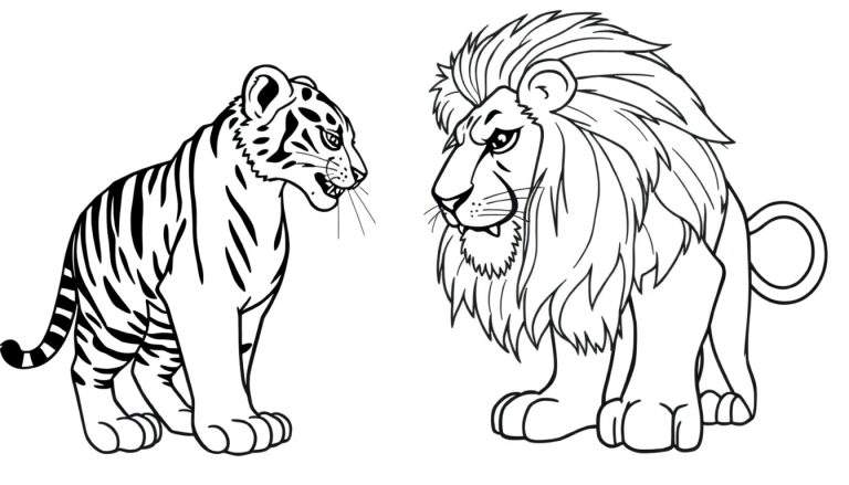 Kleurplaat: een jonge tijger lijkt te worden aangevallen door een leeuw, beide dieren zijn zwart-wit getekend.