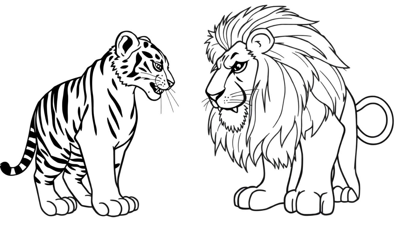 Kleurplaat: een jonge tijger lijkt te worden aangevallen door een leeuw, beide dieren zijn zwart-wit getekend.