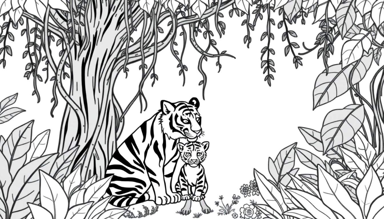 Kleurplaat van een tijger met haar welp in de jungle.