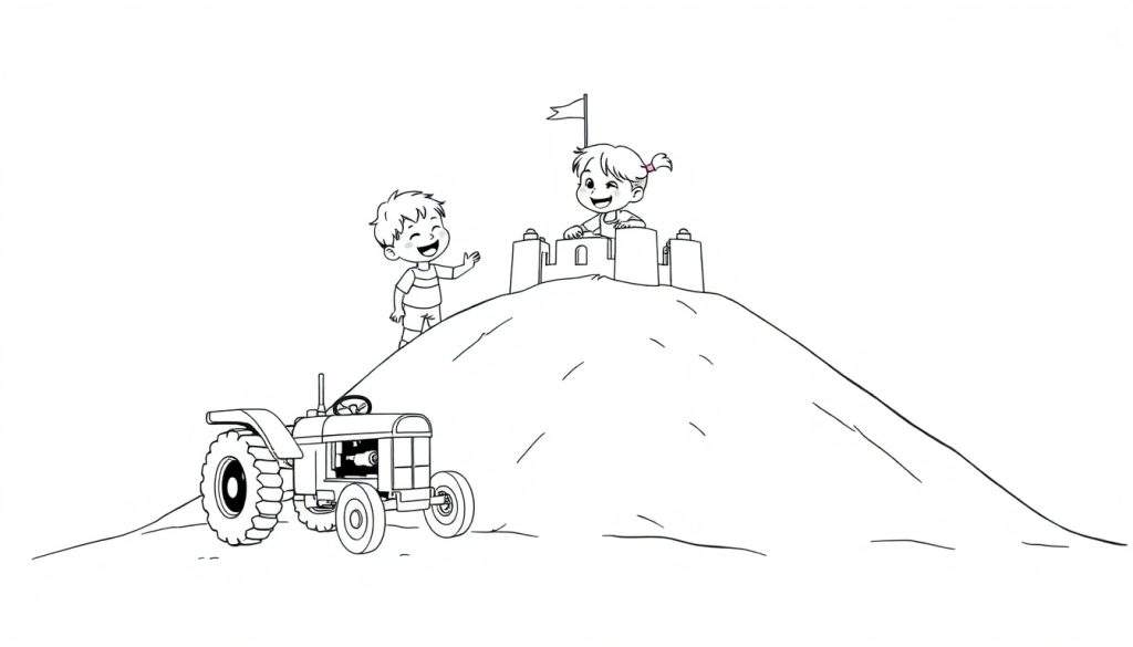 Een kleurplaat van kinderen die spelen op een duin met een tractor op de voorgrond.