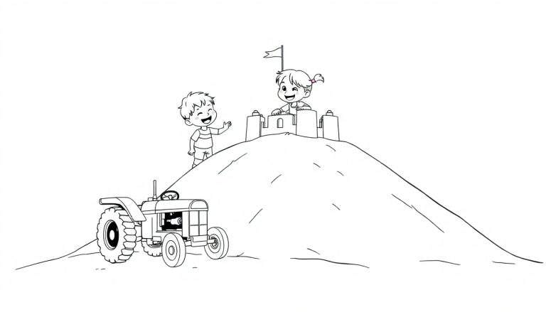 Een kleurplaat van kinderen die spelen op een duin met een tractor op de voorgrond.