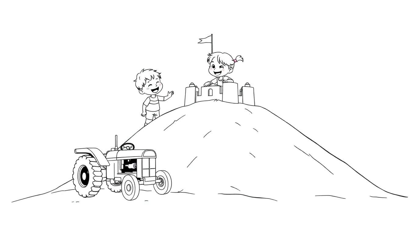 Een kleurplaat van kinderen die spelen op een duin met een tractor op de voorgrond.