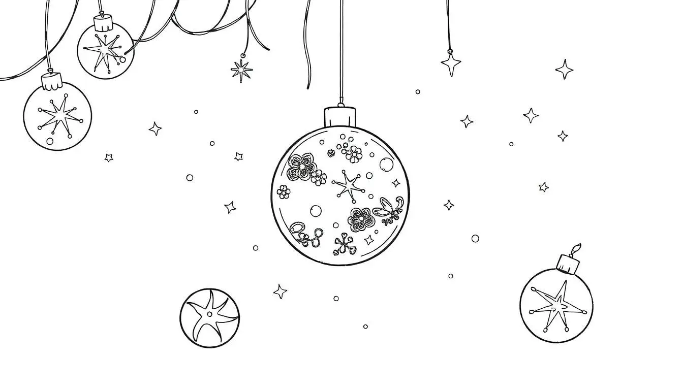 Een kleurplaat van kerstversiering met kerstballen en sterren.