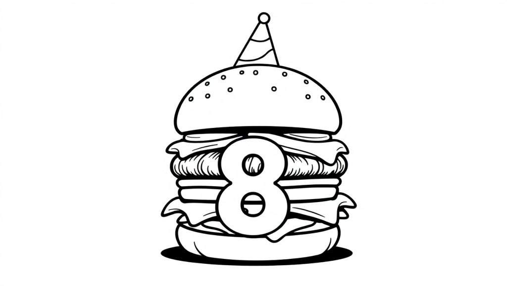 Zwart-wit kleurplaat van een verjaardagsburger met een feesthoedje en het cijfer 8.