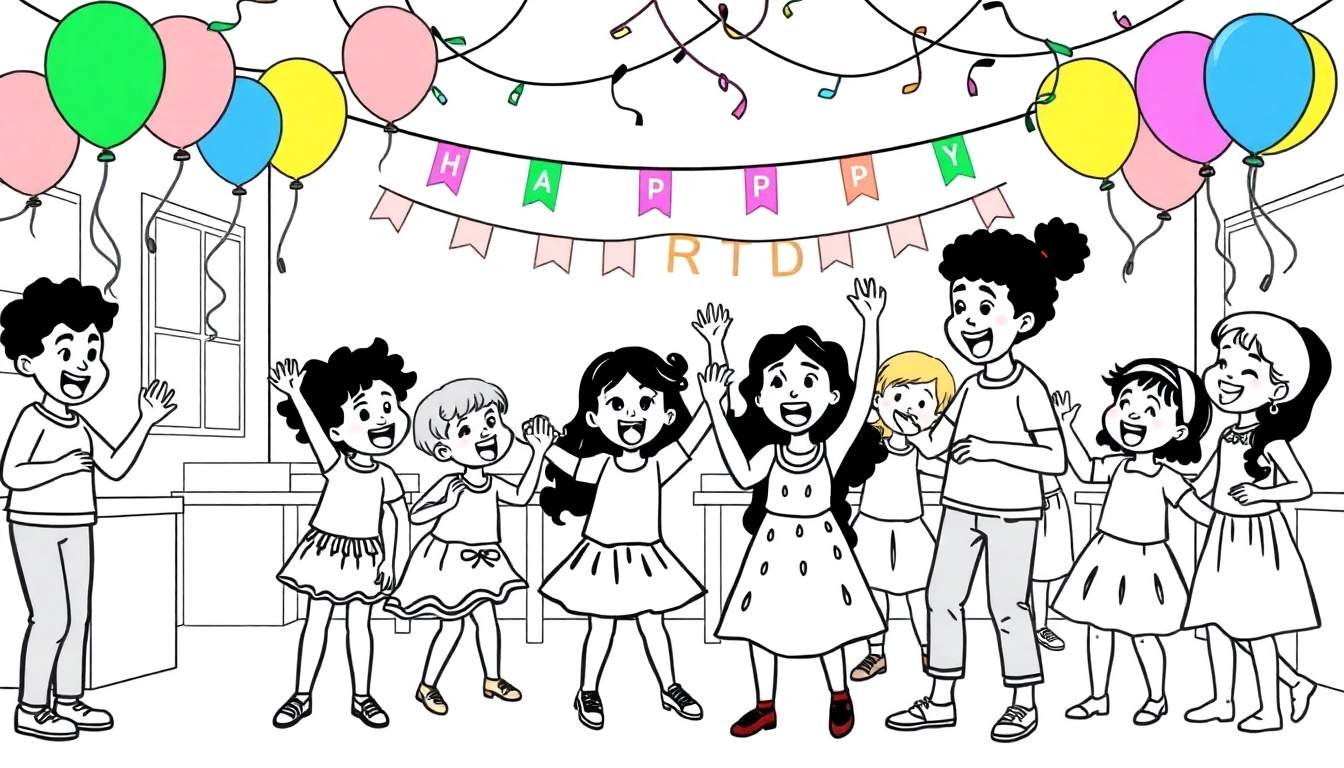 Kleurplaat van kinderen die een verjaardagsfeest vieren met ballonnen en een slinger.
