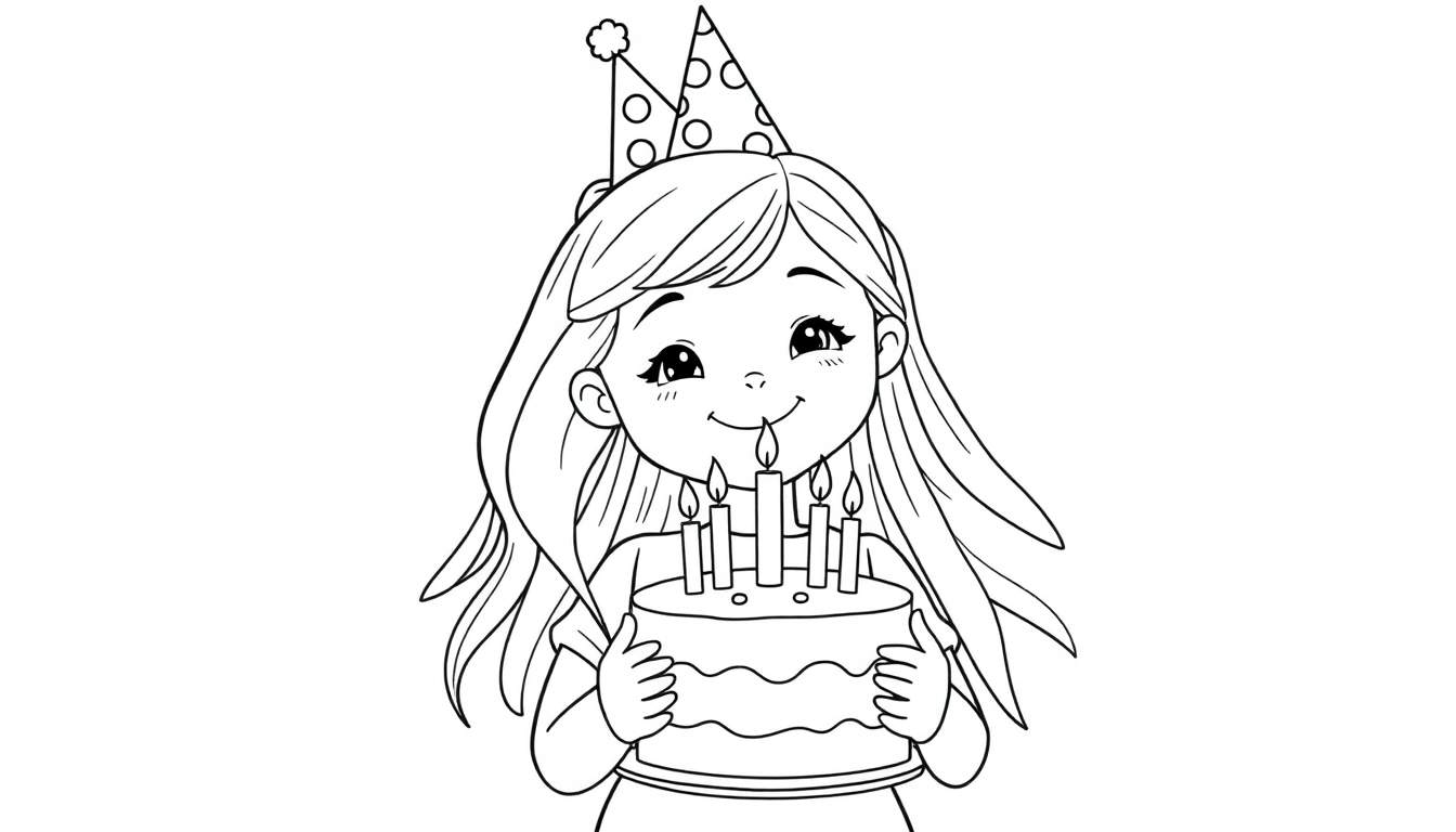 Kleurplaat van een lachend meisje met een feestmuts en een verjaardagstaart.
