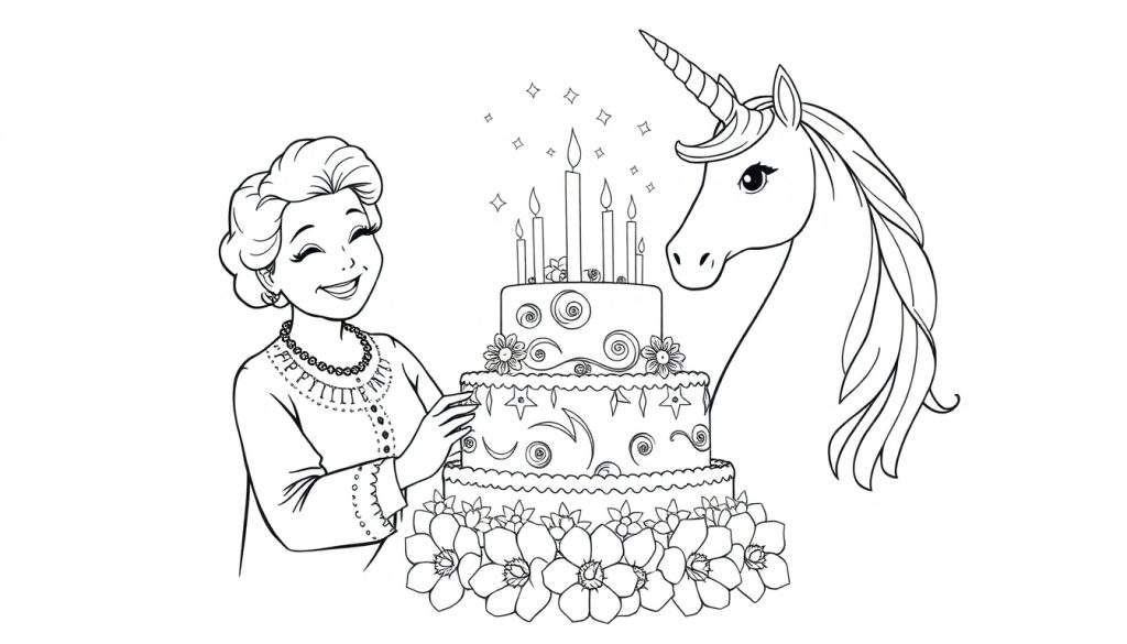 Kleurplaat van een dame die naast een verjaardagstaart met eenhoorn staat.