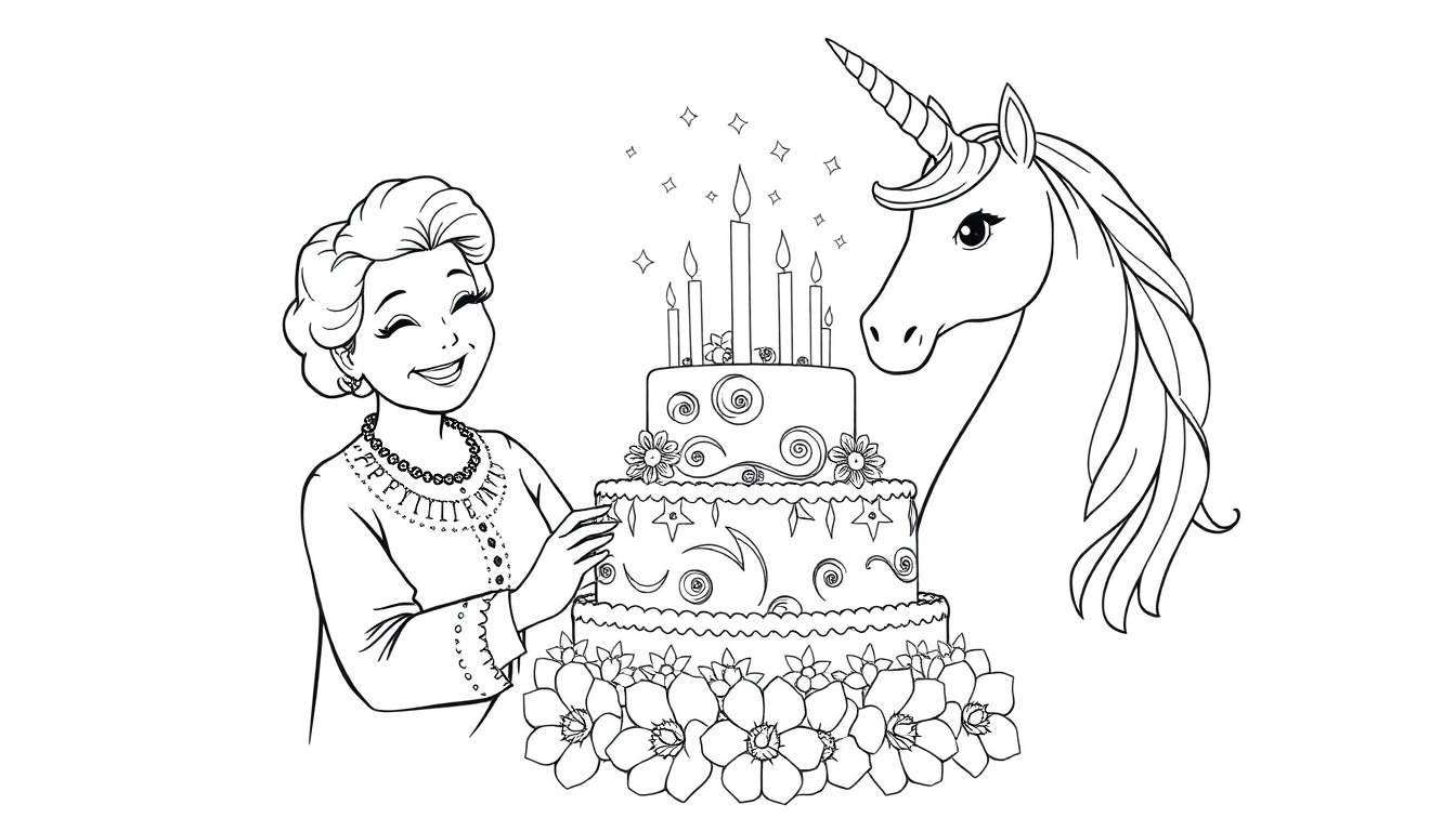 Kleurplaat van een dame die naast een verjaardagstaart met eenhoorn staat.
