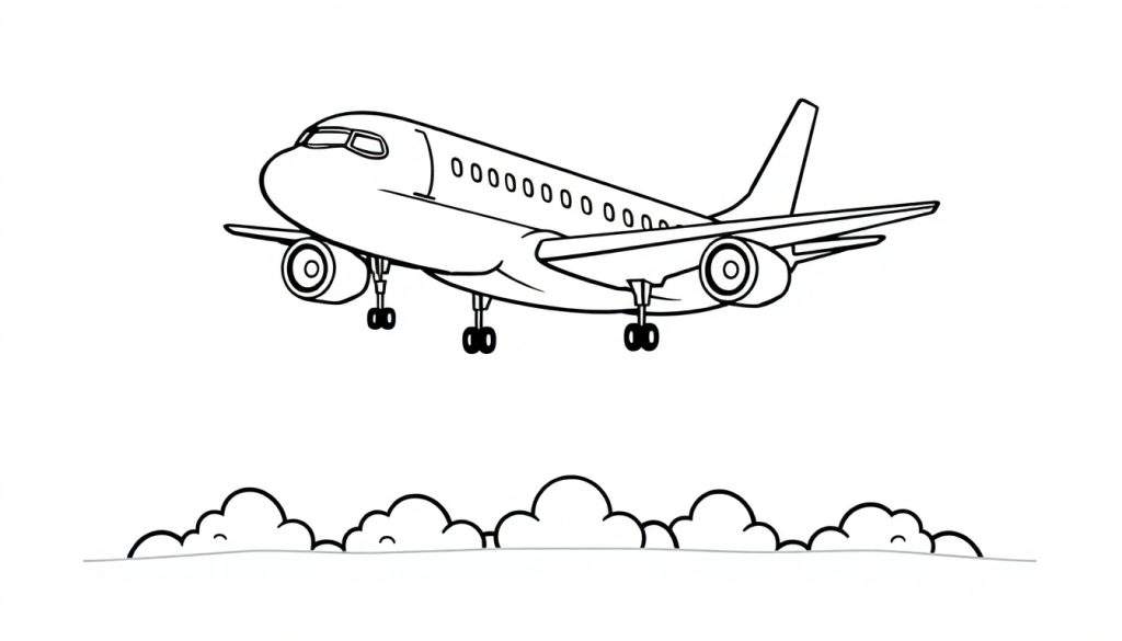 Kleurplaat van een vliegtuig met landingsgestel in de lucht boven de wolken.