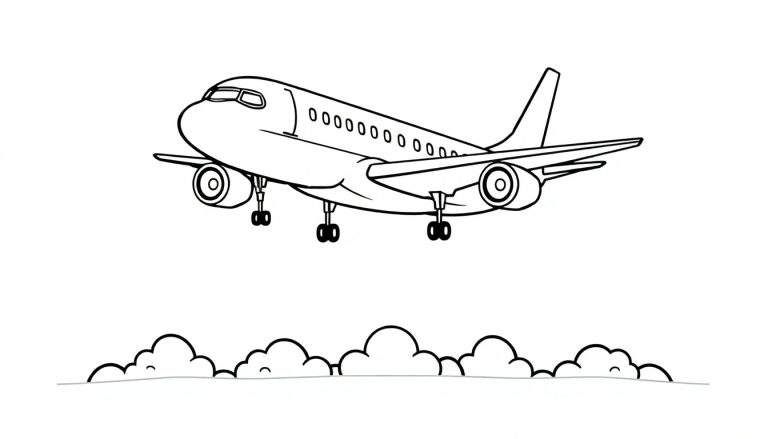 Kleurplaat van een vliegtuig met landingsgestel in de lucht boven de wolken.