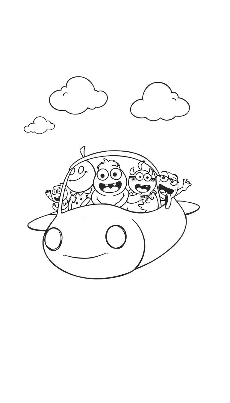 Een zwart-wit kleurplaat van een vrolijke vliegende auto met vijf cartoonachtige monsters erin, vliegend tussen wolken.