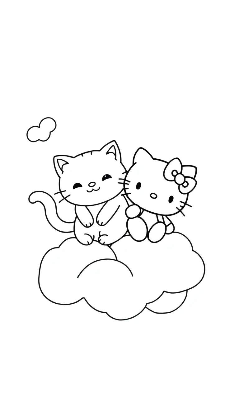 Een kleurplaat van twee katten die op een wolk zitten, één lijkt op Hello Kitty en de ander is een klassieke kat.