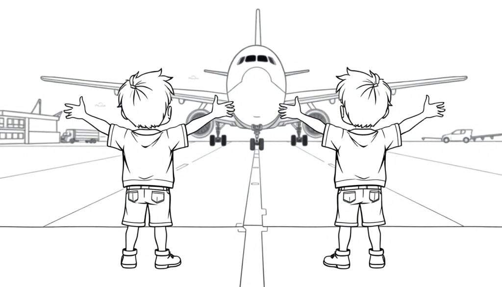 Kleurplaat: Twee jongens met open armen verwelkomen een landend vliegtuig op de startbaan.