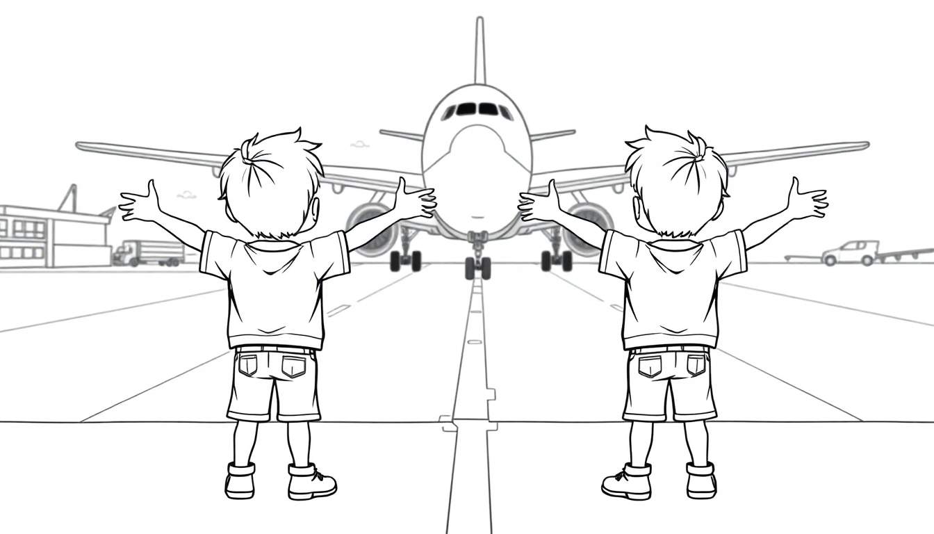 Kleurplaat: Twee jongens met open armen verwelkomen een landend vliegtuig op de startbaan.