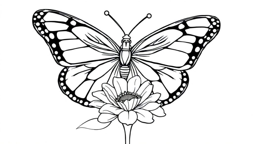 Zwart-witte kleurplaat van een gedetailleerde vlinder op een bloem.