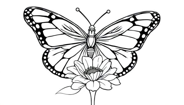 Zwart-witte kleurplaat van een gedetailleerde vlinder op een bloem.