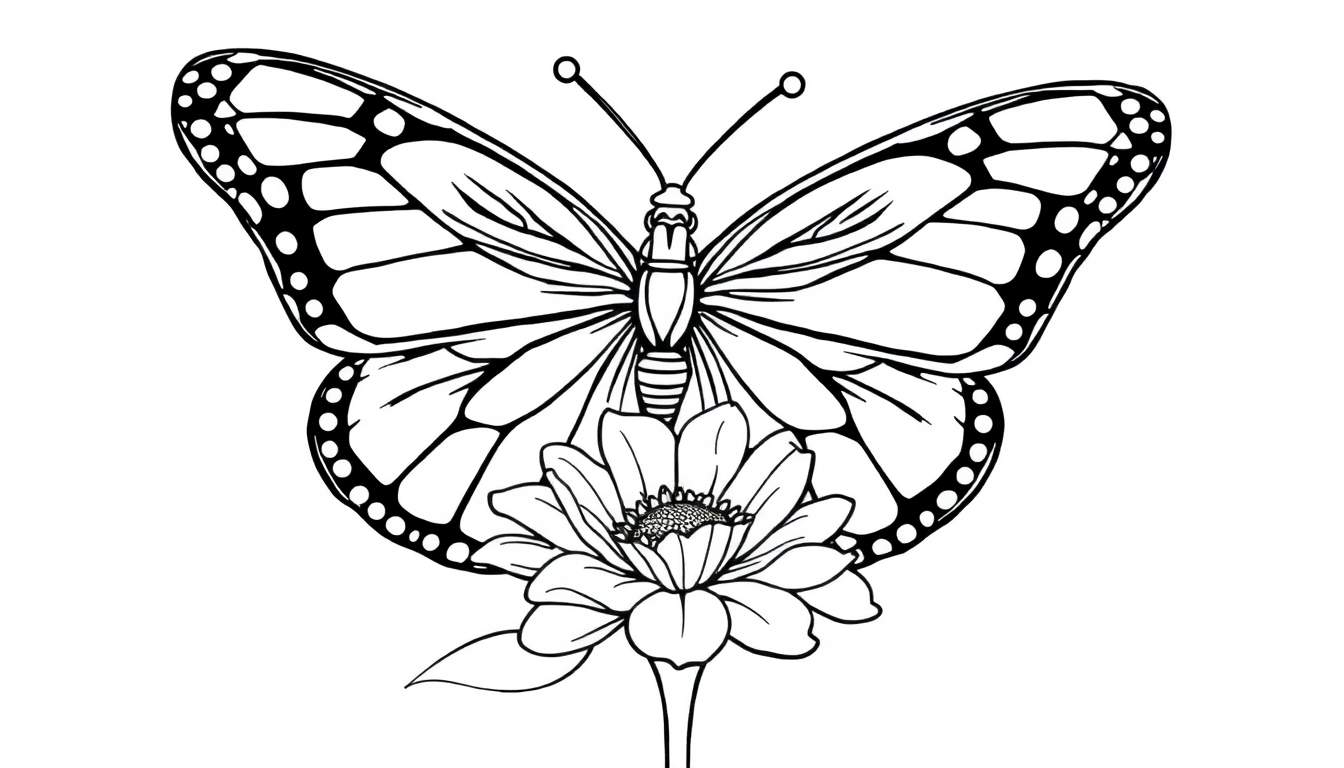 Zwart-witte kleurplaat van een gedetailleerde vlinder op een bloem.