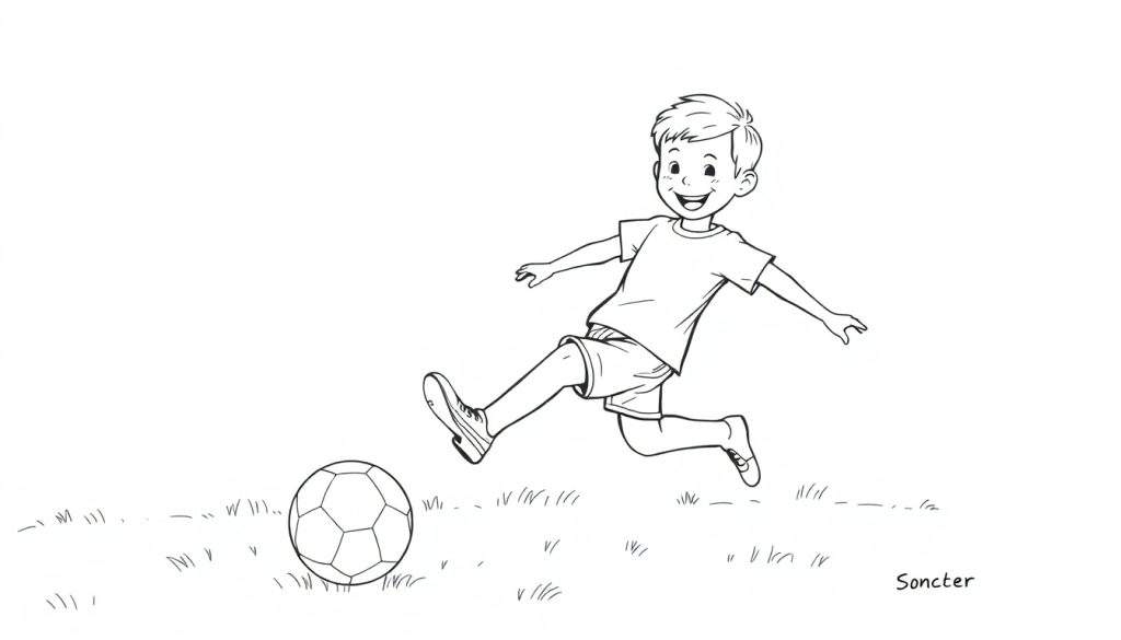 Kleurplaat: Een blije jongen die tegen een voetbal schopt.