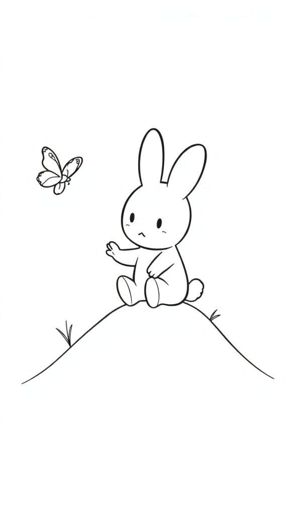 Kleurplaat van een konijntje dat zwaait naar een vlinder