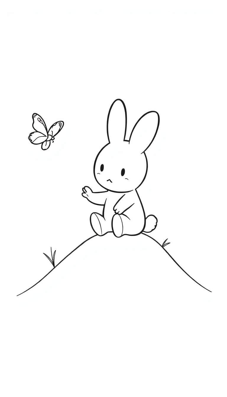 Kleurplaat van een konijntje dat zwaait naar een vlinder