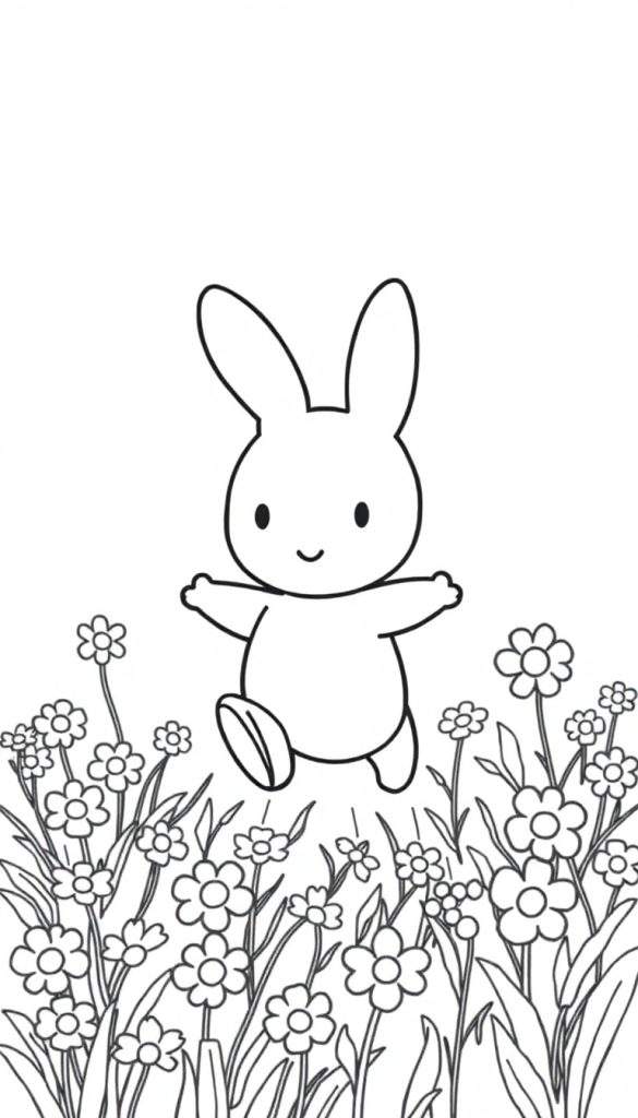 Kleurplaat van een blij konijntje dat door bloemen huppelt.