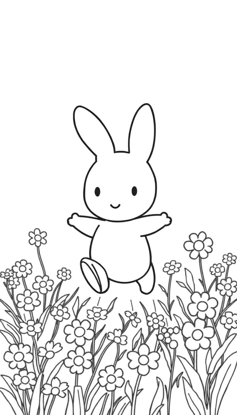 Kleurplaat van een blij konijntje dat door bloemen huppelt.