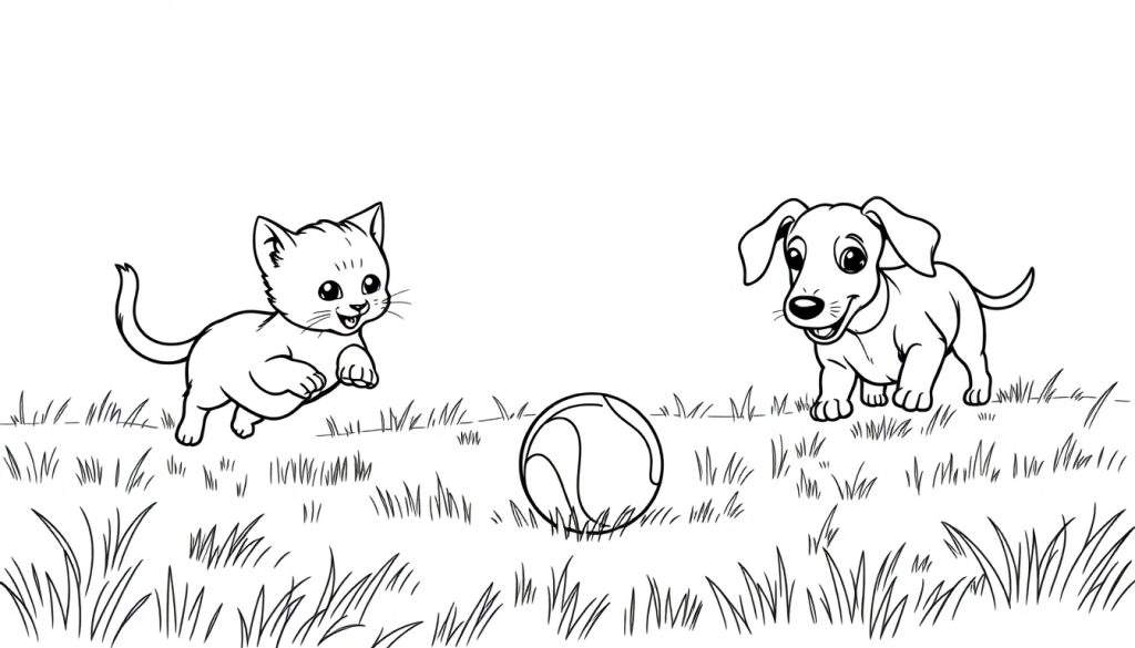 Kleurplaat van een katje en een teckel die spelen met een bal in het gras.