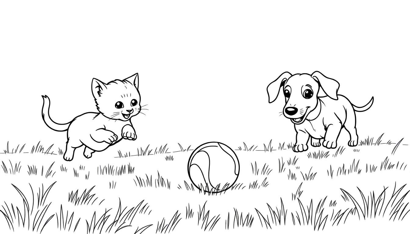 Kleurplaat van een katje en een teckel die spelen met een bal in het gras.