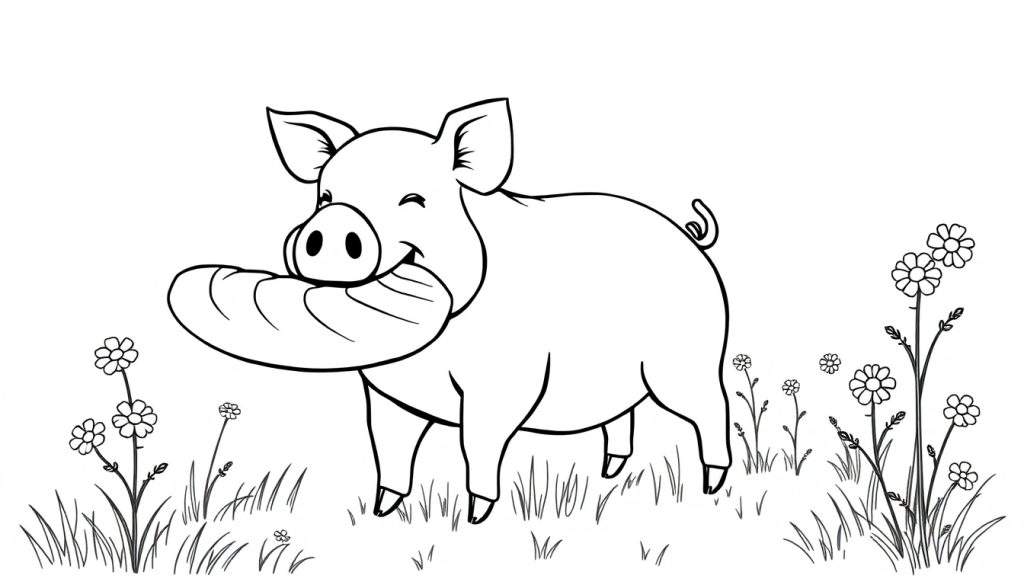 Een zwart-witte kleurplaat van een vrolijk varken met een brood in zijn mond, staand in een weide vol bloemen.