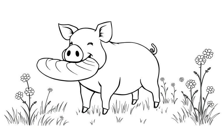 Een zwart-witte kleurplaat van een vrolijk varken met een brood in zijn mond, staand in een weide vol bloemen.
