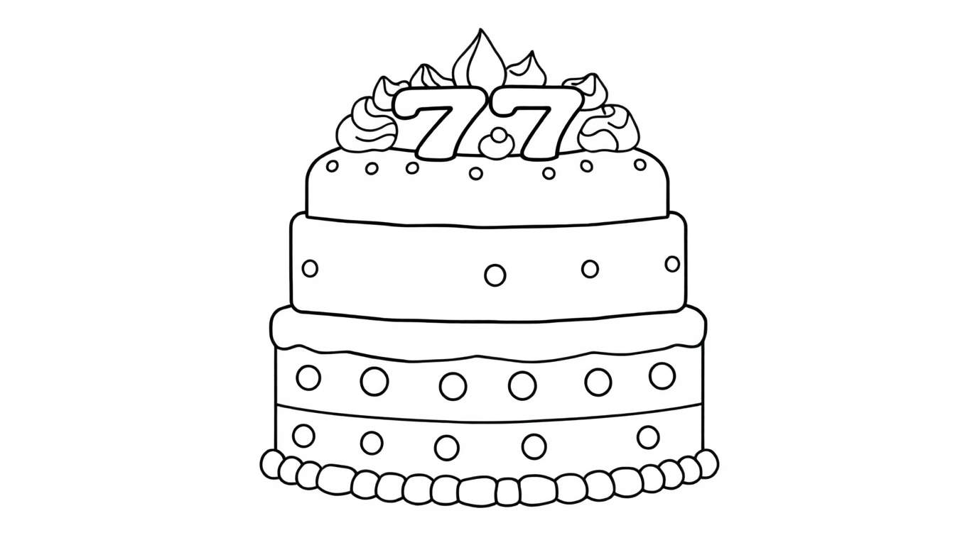 Een kleurplaat van een drielaagse verjaardagstaart met slagroom en het getal 77 erop.