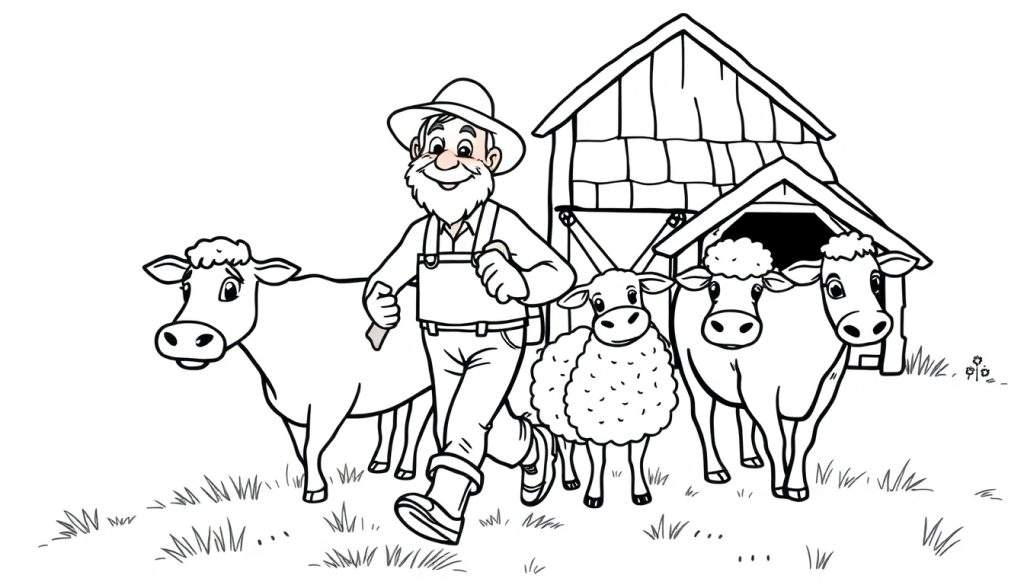 Zwart-wit kleurplaat van een lachende boer met twee koeien en een schaap voor een schuur.