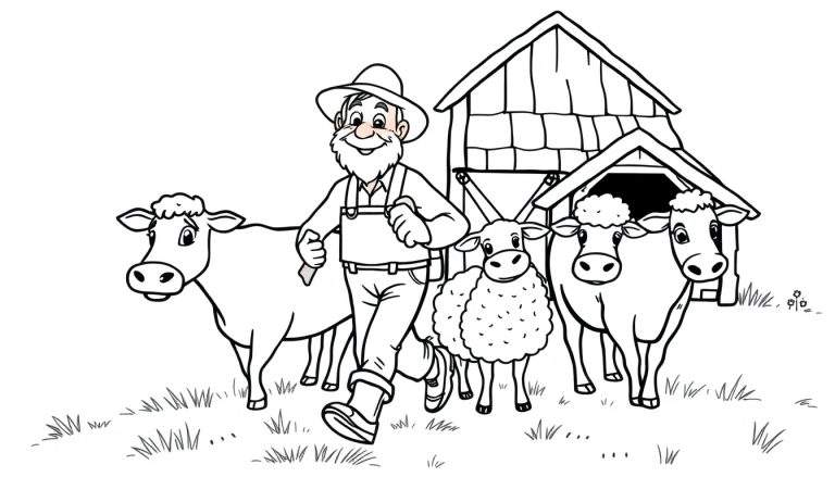 Zwart-wit kleurplaat van een lachende boer met twee koeien en een schaap voor een schuur.