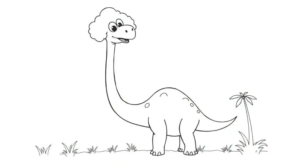 Kleurplaat van een Brachiosaurus met een vriendelijke glimlach en een lange nek.
