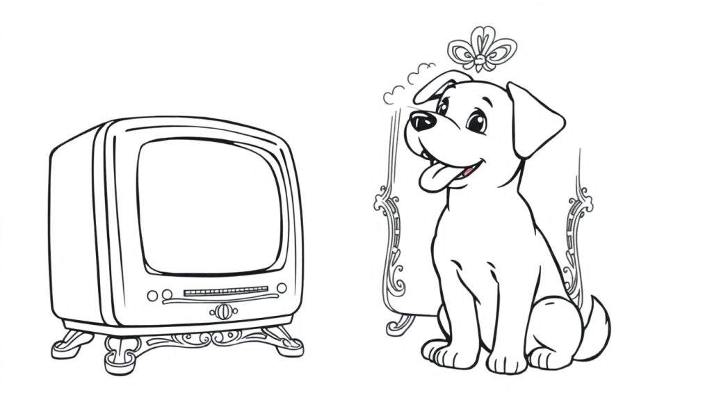 Kleurplaat van een oude tv met een hond voor een spiegel.