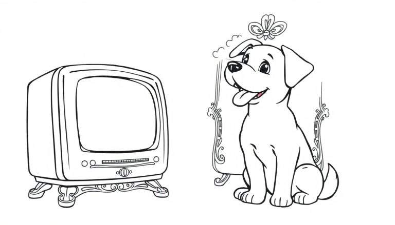 Kleurplaat van een oude tv met een hond voor een spiegel.