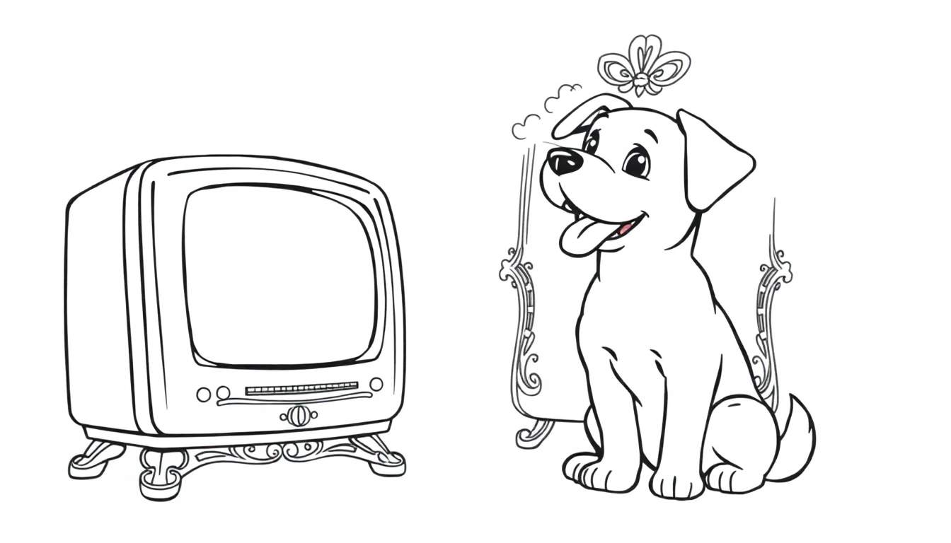 Kleurplaat van een oude tv met een hond voor een spiegel.