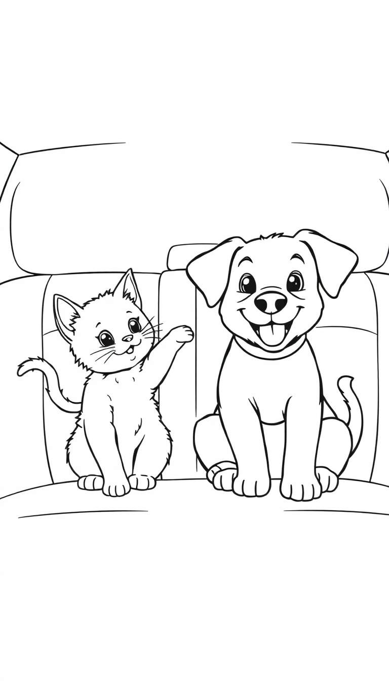 Kleurplaat van een kat en hond die gezellig samen op een bank zitten, de kat zwaait.