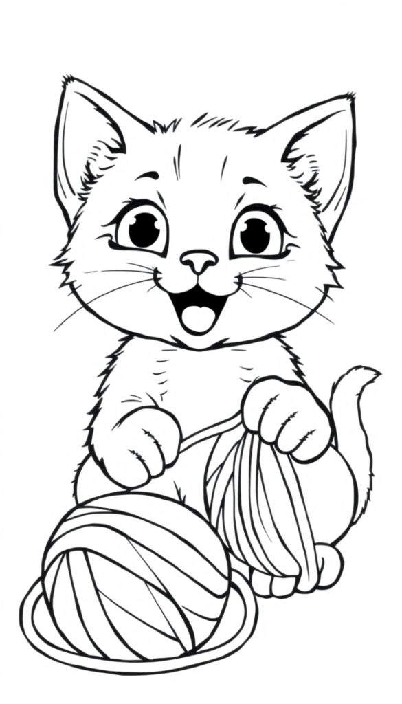 Kleurplaat van een vrolijke kat die met wol speelt.