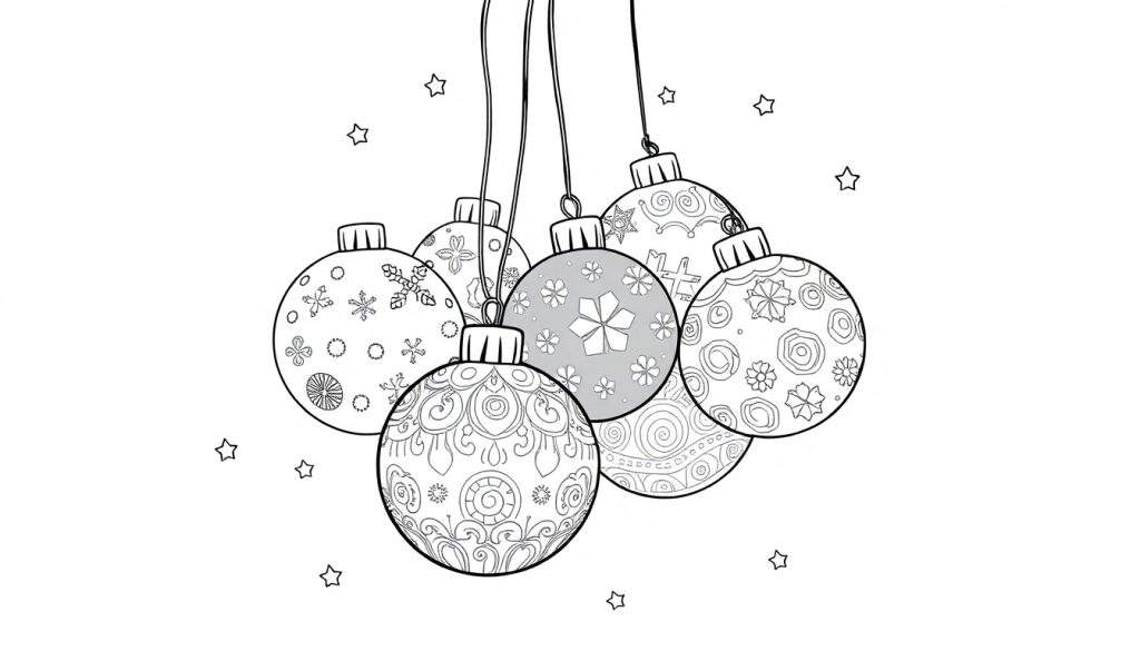 Een zwart-wit kleurplaat van kerstballen met sterretjes.