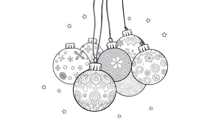 Een zwart-wit kleurplaat van kerstballen met sterretjes.