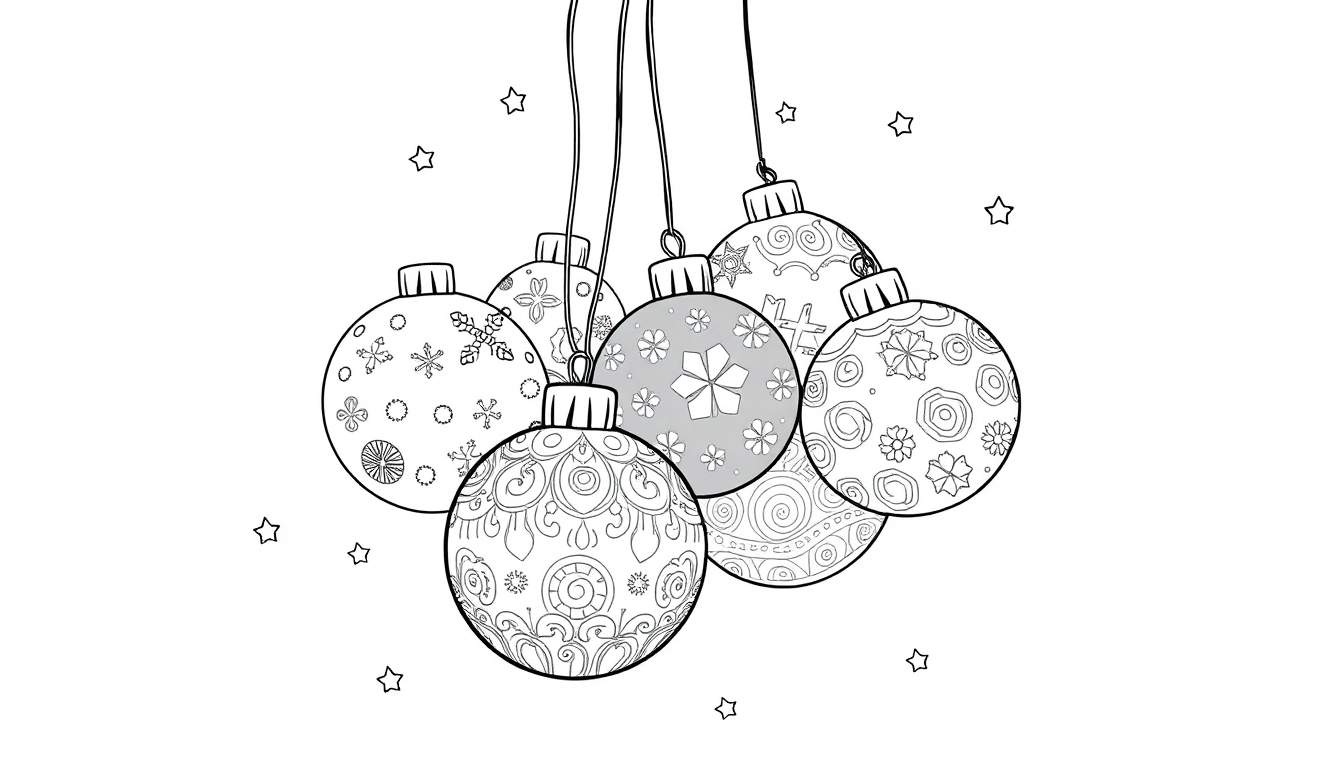 Een zwart-wit kleurplaat van kerstballen met sterretjes.