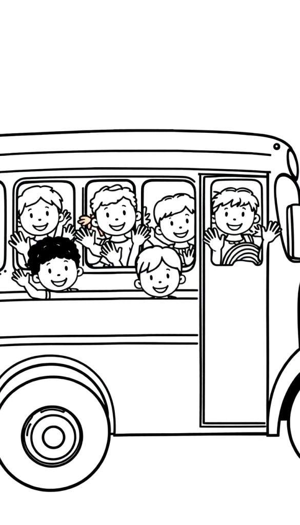 Kleurplaat van een schoolbus vol lachende kinderen die zwaaien.