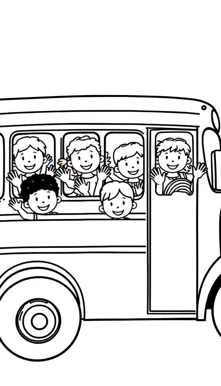 Kleurplaat van een schoolbus vol lachende kinderen die zwaaien.