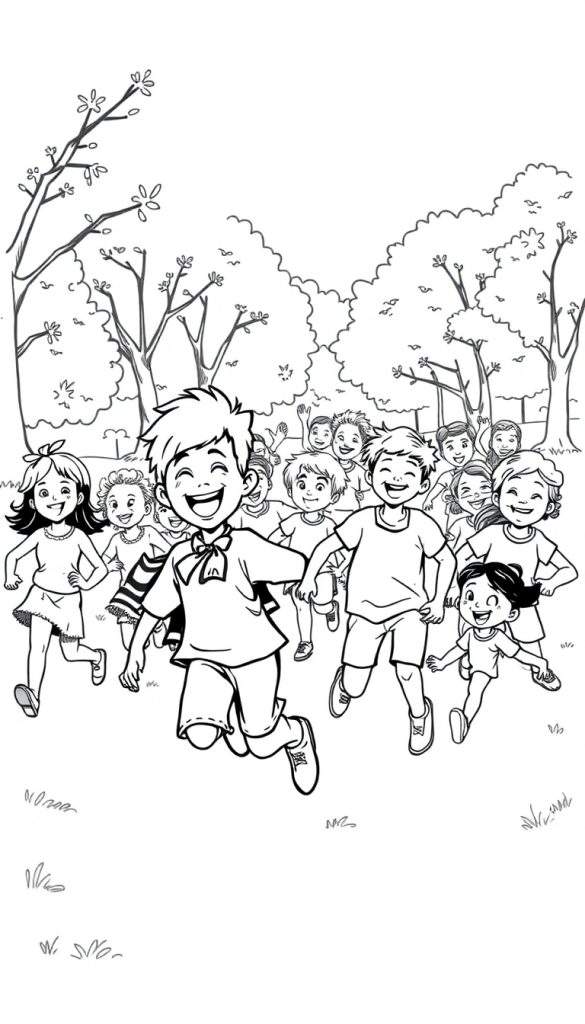 Een zwart-wit tekening van blije kinderen die rennen, als een kleurplaat.