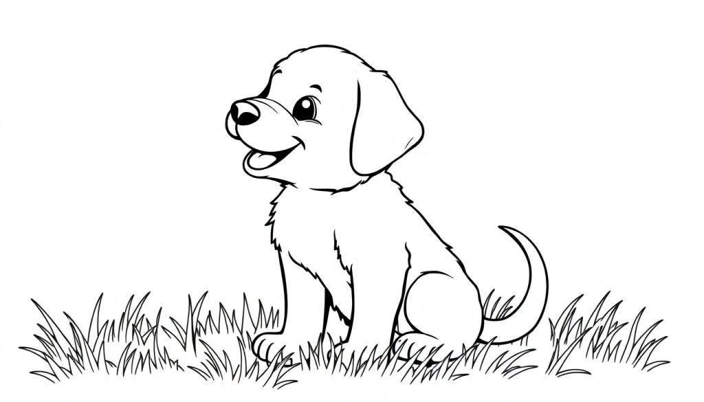 Kleurplaat van een schattige zwarte Labrador puppy die blij in het gras zit.