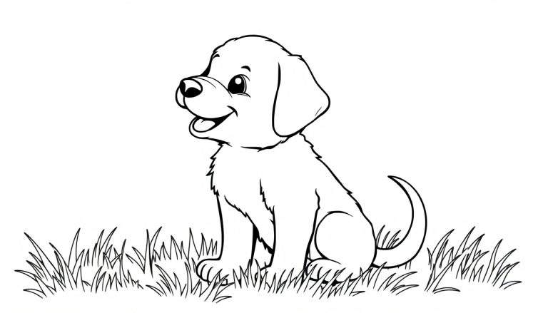 Kleurplaat van een schattige zwarte Labrador puppy die blij in het gras zit.